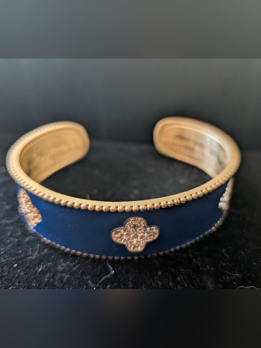 Gold-Tone Navy Blue Pave Clover Cuff Bracelet